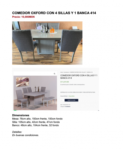 COMEDOR OXFORD CON 4 SILLAS Y 1 BANCA 414