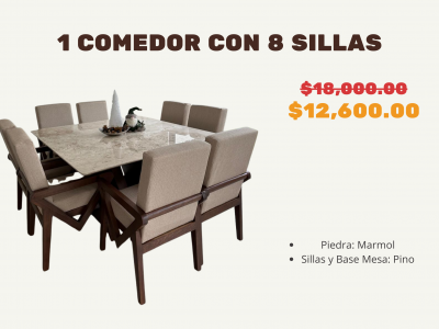 Comedor cuadrado de marmol con 8 sillas