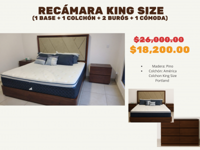 Recamara King Size (1 base + 2 buros + 1 colchon + 1 comoda)