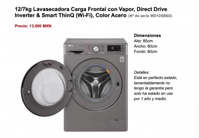 12/7kg Lavasecadora Carga Frontal con Vapor, Direct Drive Inverter & Smart ThinQ (Wi-Fi), Color Acero (No de serie WD12SB6D)