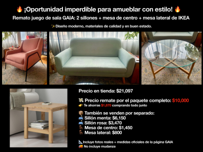 Juego de Sala Gaia: 2 sillones + mesa de centro + lateral 