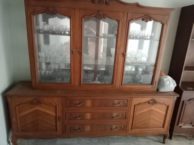 Comedor con vitrina. Dos libreros y una chimenea 